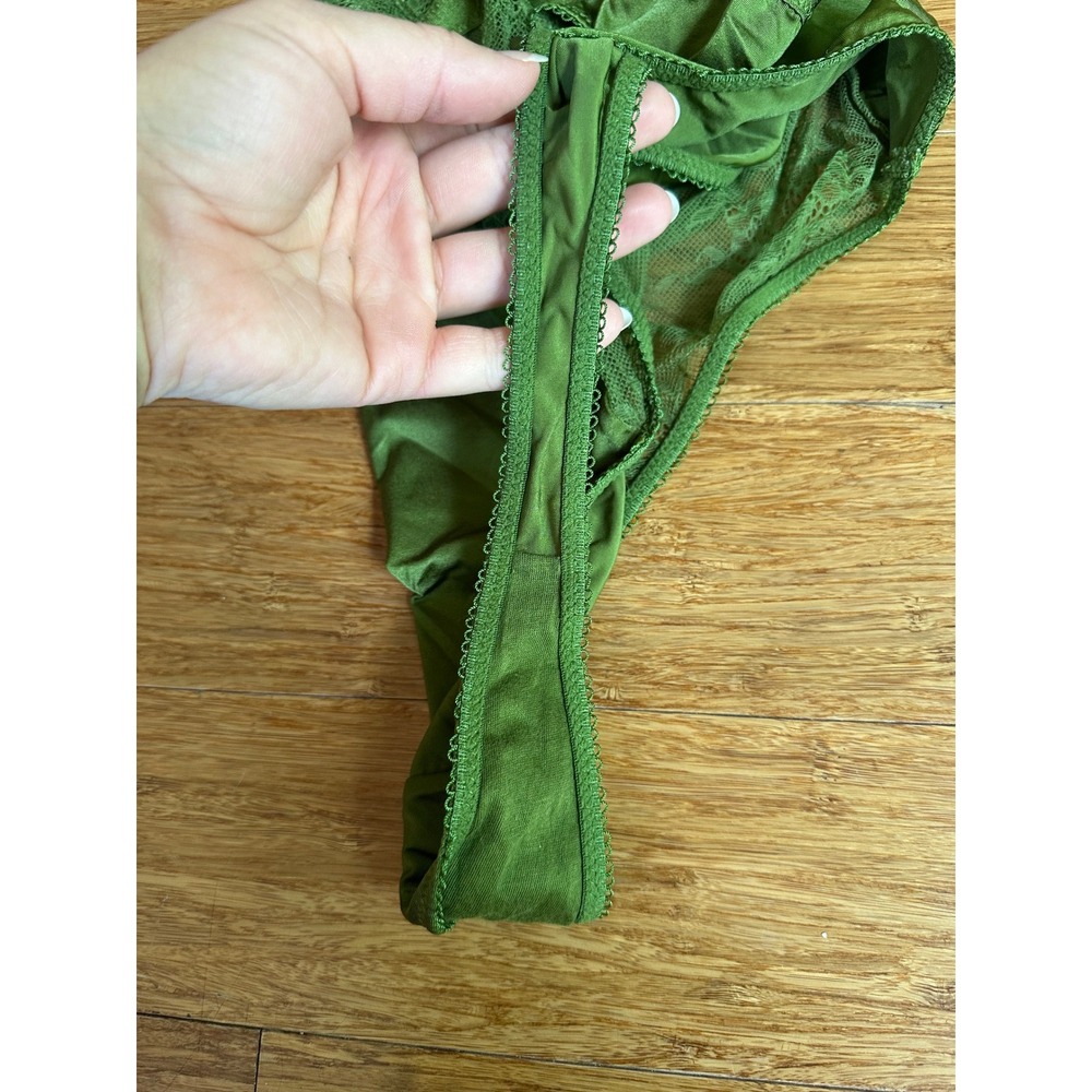 Earthy Boudoir Lace Satin Bodysuit Womens Medium Green Strappy V-Neck Teddy - Picture 2 of 3